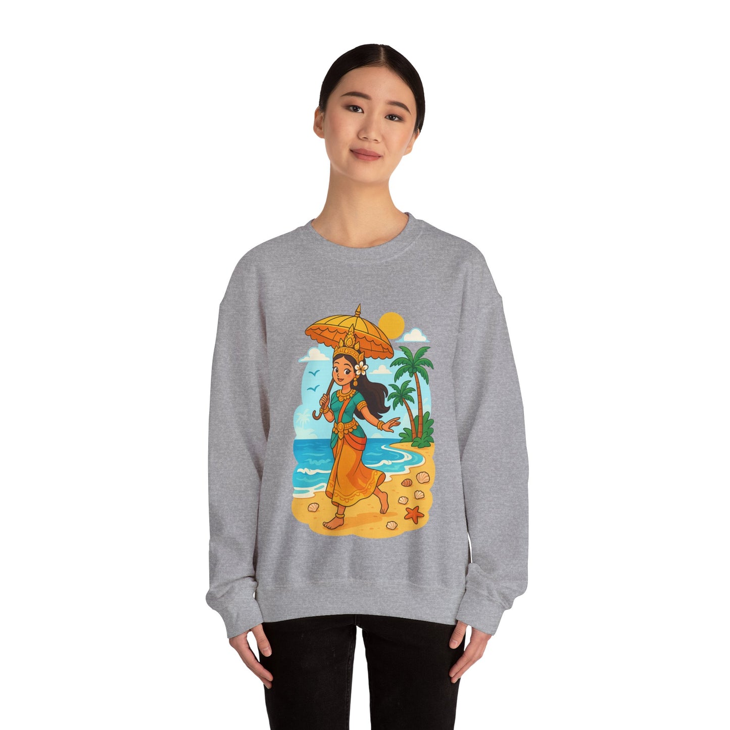 Tropical Vibes Sweatshirt, Beach Vacation Crewneck Jumper, Apsara's Shoreline Grace, Ocean Lover Top, Unisex Sweatshirt Gift, Coastal Wear