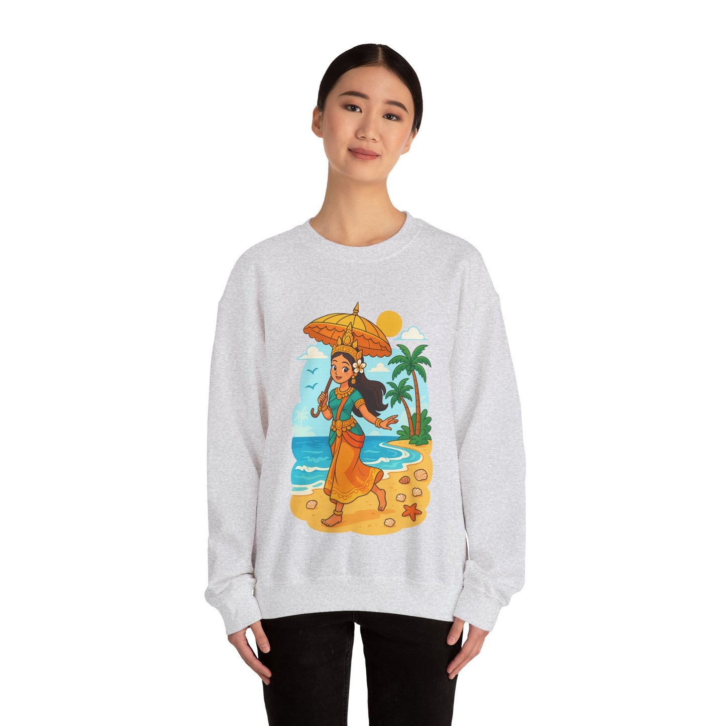 Tropical Vibes Sweatshirt, Beach Vacation Crewneck Jumper, Apsara's Shoreline Grace, Ocean Lover Top, Unisex Sweatshirt Gift, Coastal Wear