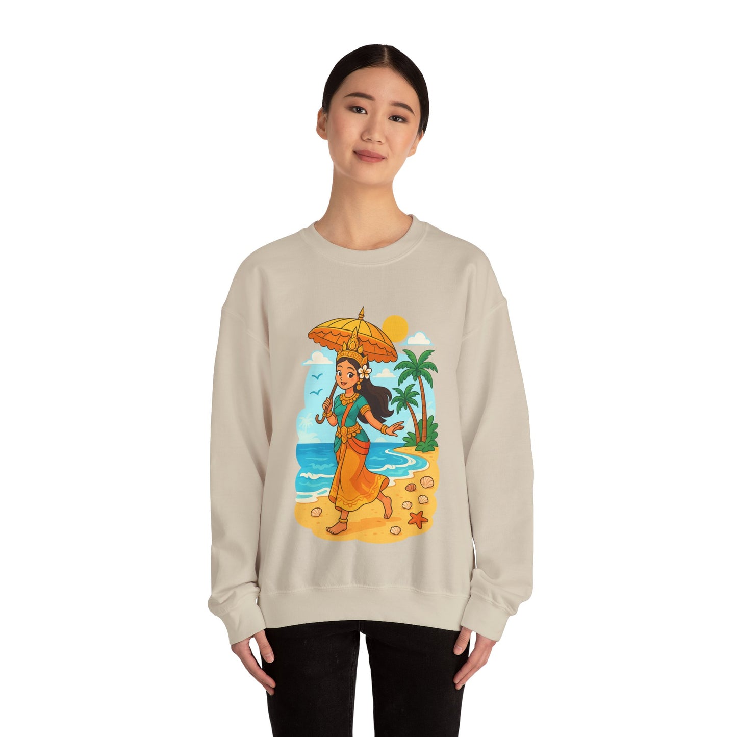 Tropical Vibes Sweatshirt, Beach Vacation Crewneck Jumper, Apsara's Shoreline Grace, Ocean Lover Top, Unisex Sweatshirt Gift, Coastal Wear