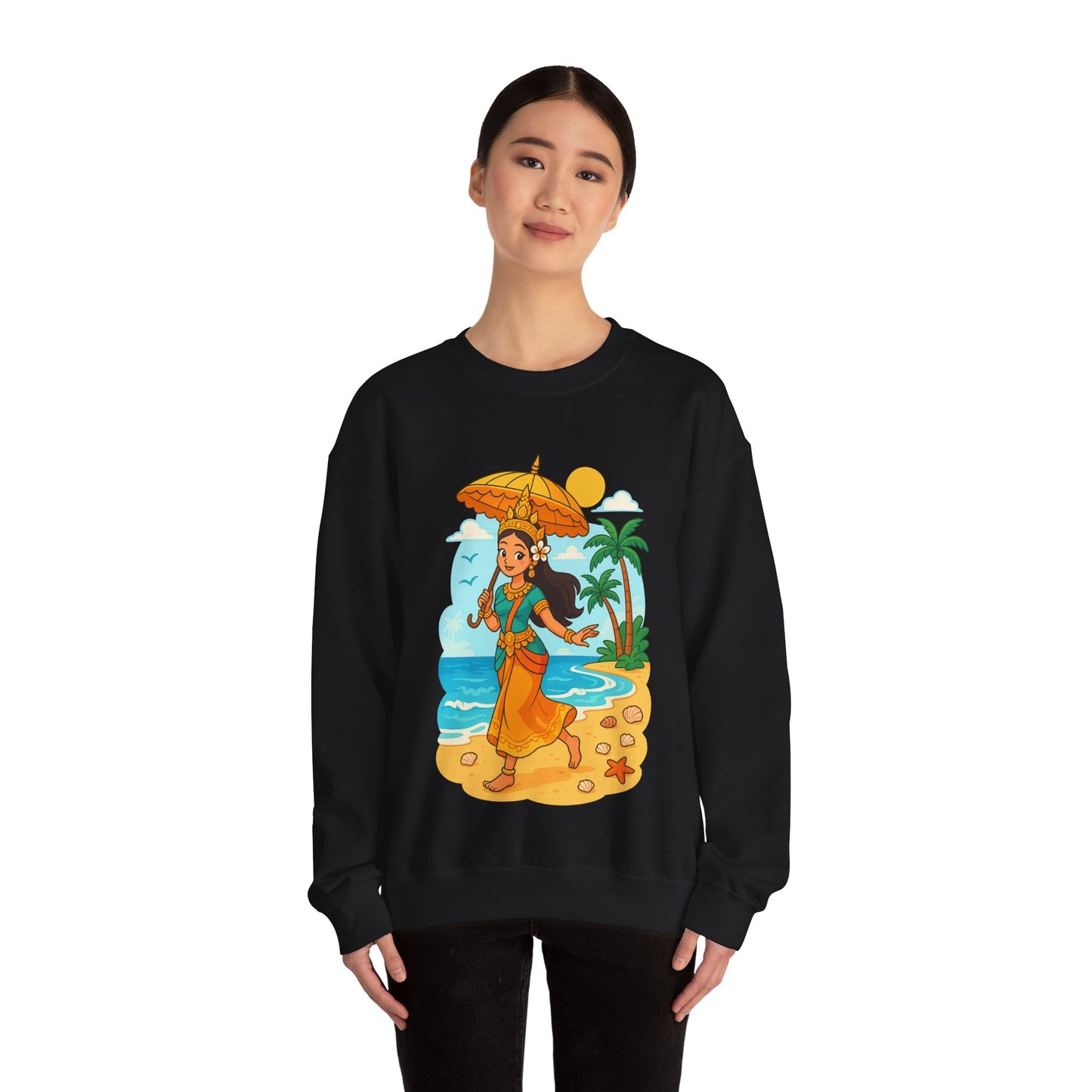 Tropical Vibes Sweatshirt, Beach Vacation Crewneck Jumper, Apsara's Shoreline Grace, Ocean Lover Top, Unisex Sweatshirt Gift, Coastal Wear