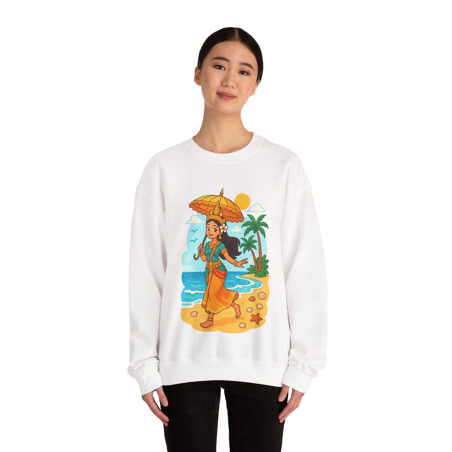 Tropical Vibes Sweatshirt, Beach Vacation Crewneck Jumper, Apsara's Shoreline Grace, Ocean Lover Top, Unisex Sweatshirt Gift, Coastal Wear
