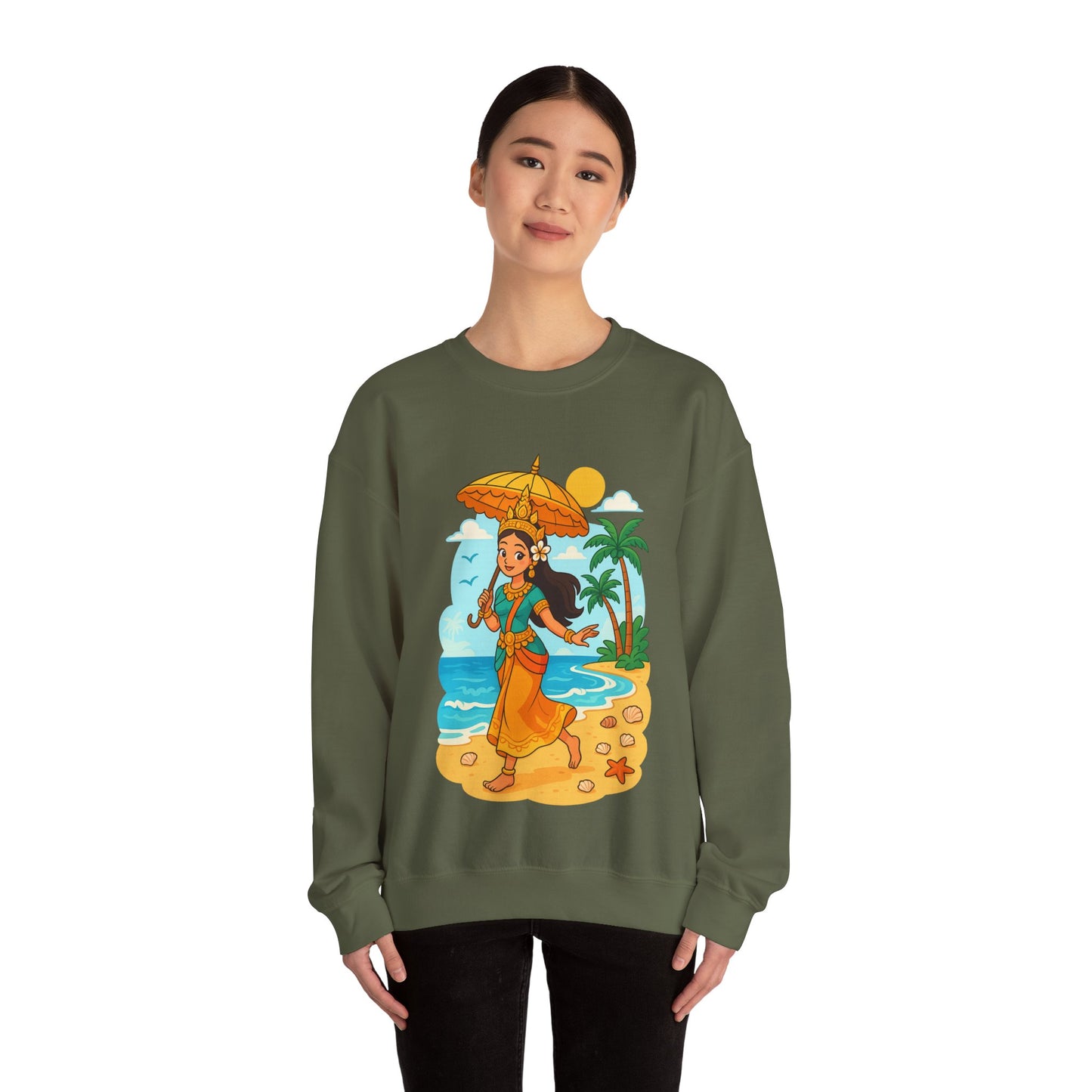 Tropical Vibes Sweatshirt, Beach Vacation Crewneck Jumper, Apsara's Shoreline Grace, Ocean Lover Top, Unisex Sweatshirt Gift, Coastal Wear