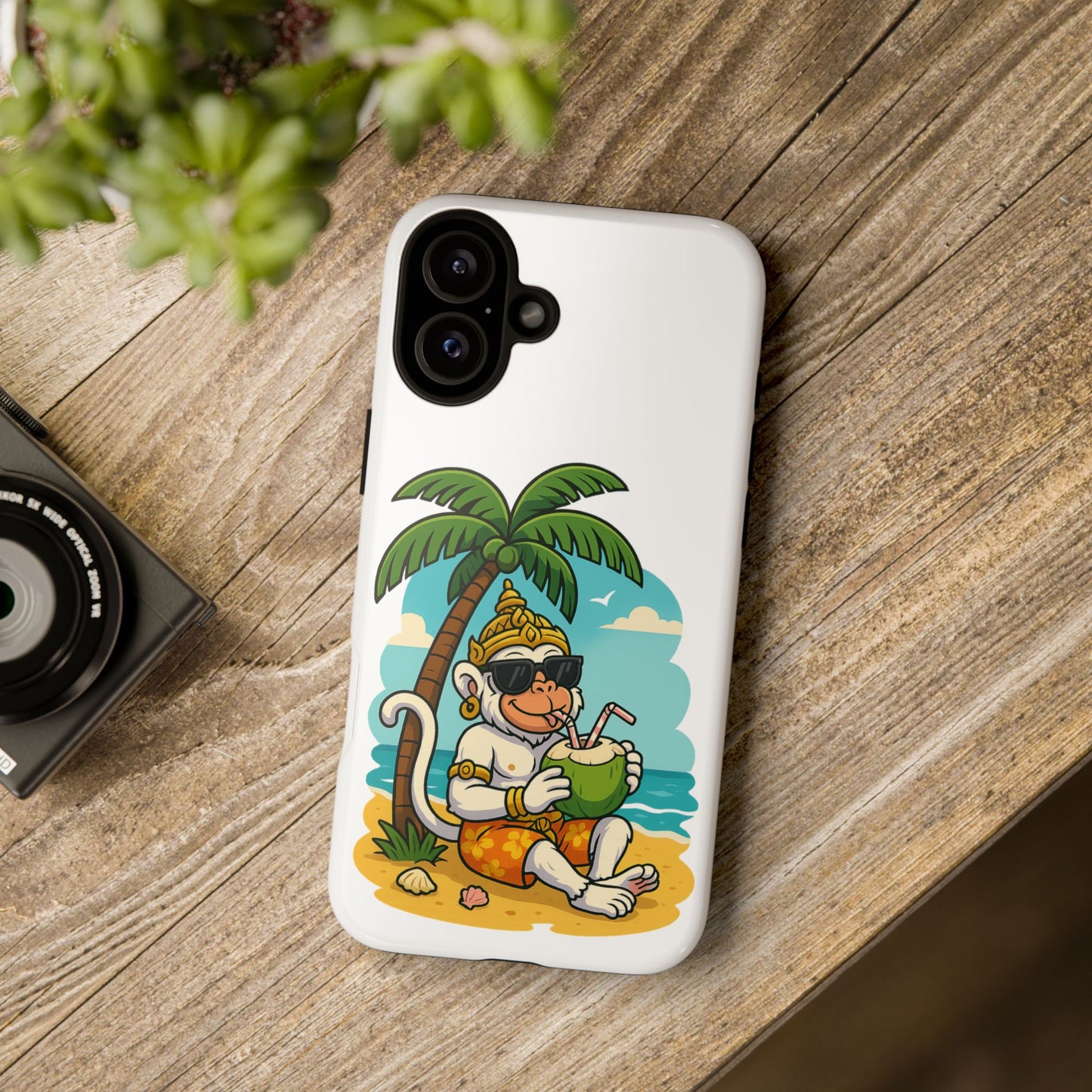 Divine Guard Hanuman Tropical Phone Case, Fun Coconut Drink, Summer Beach Vibes, Gifts for Animal Lovers, Travel Accessory